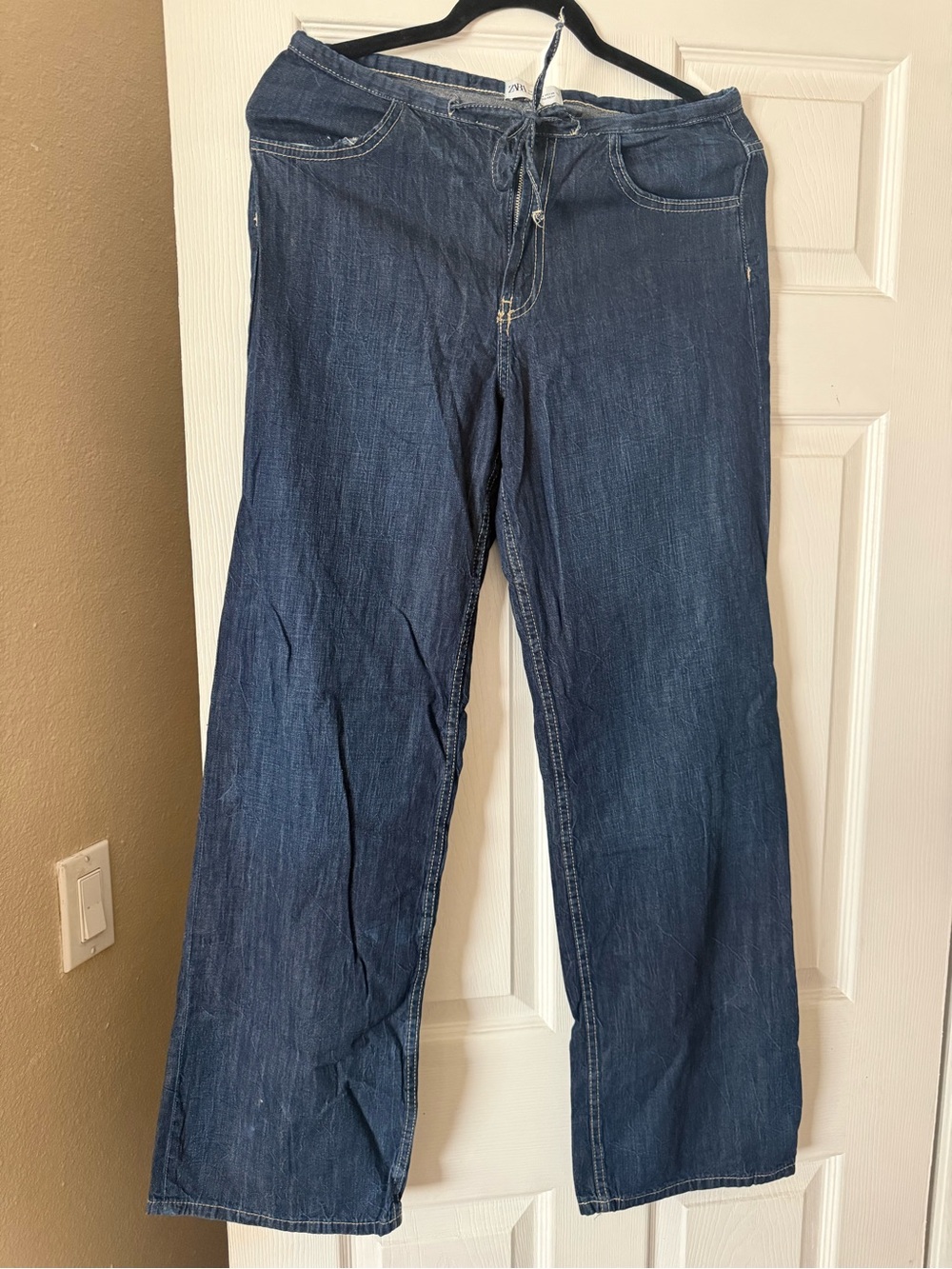 Zara Dark Blue Drawstring Waist Wide-Leg Jeans